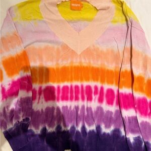 Brodie Cashmere Tie-Dye V-Neck Sweater in Yellow, Pink, Orange, Purple